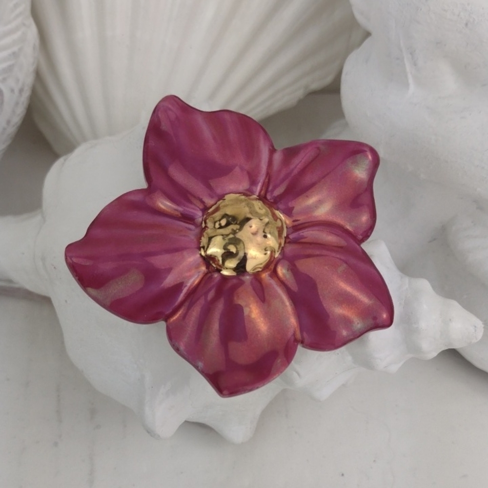 Gorgeous Pink Metallic Gold Pistil Ceramic Flower Brooch Slash Pendant